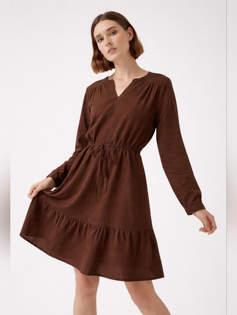Pact Organic Cotton Tiered Dress Brown Long Sleeve NWT Size Small